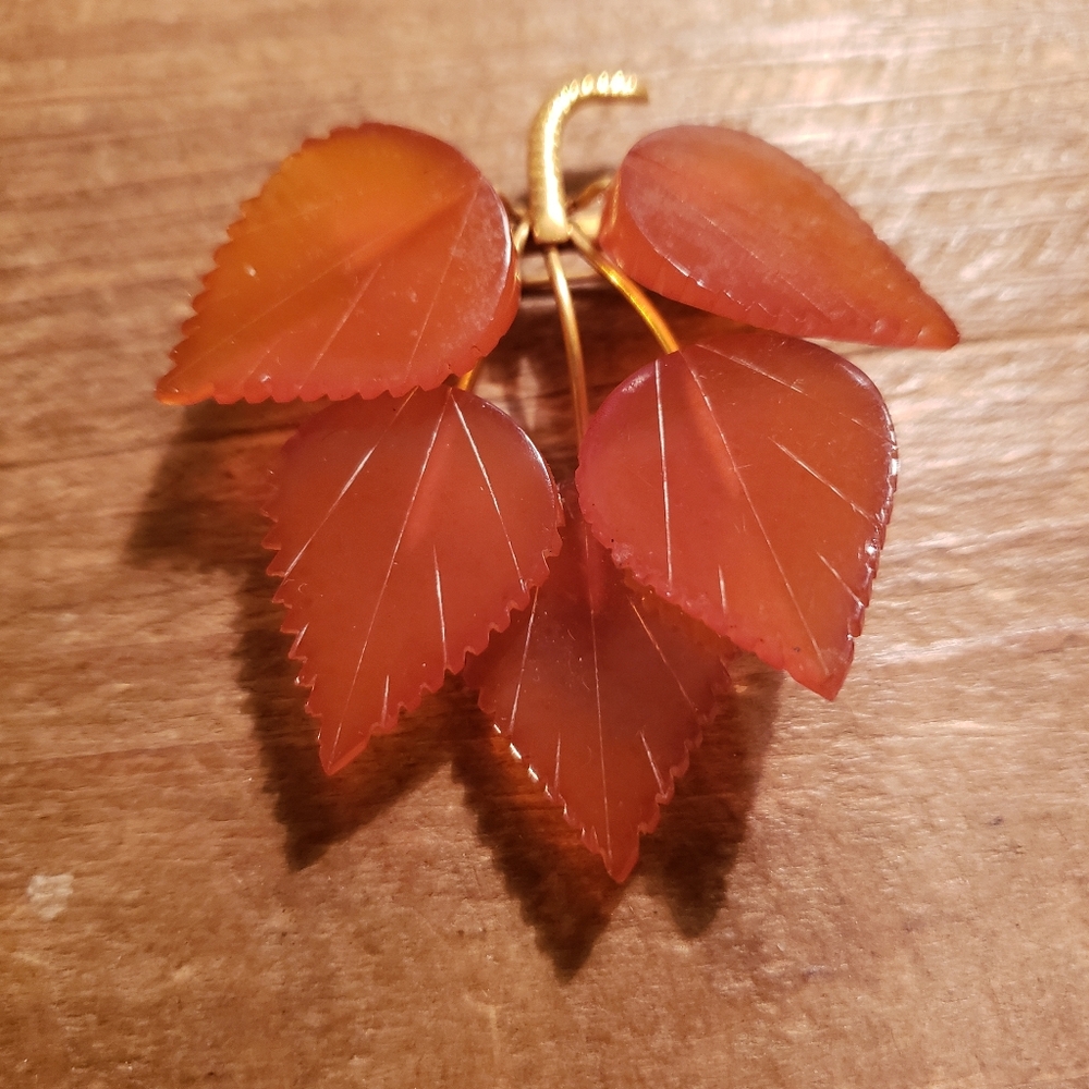 Vintage Baltic Amber Twig With Leaves Pin